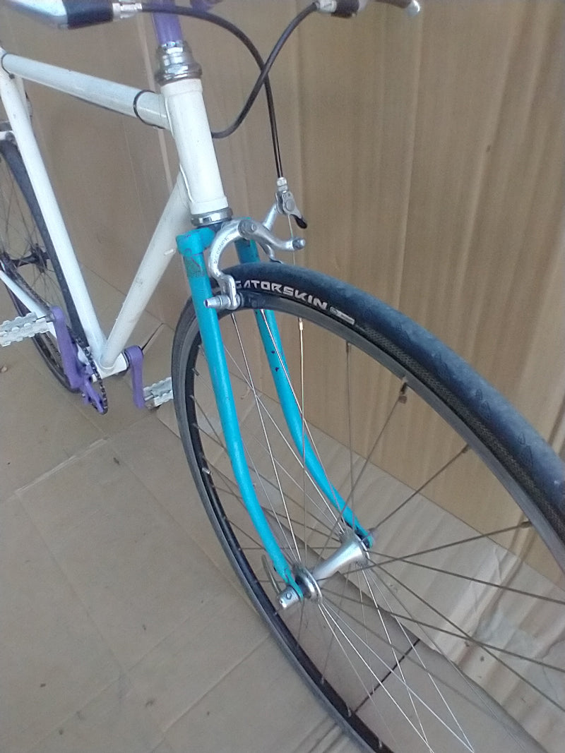 Flix Flop Fixie with purple and white accents. 52cm. used. consignment, no tax, no warranty